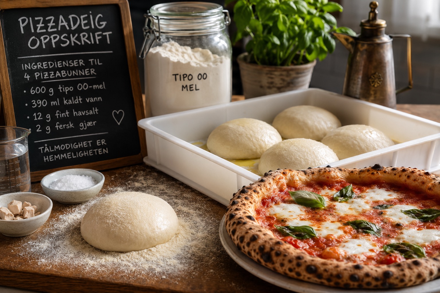 Hjemmelaget napolitansk pizzadeig med pizzaballer og ferdigstekt pizza på kjøkkenbenk