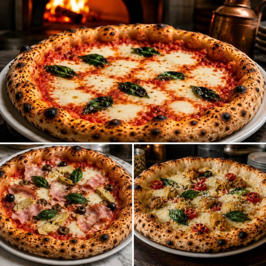 En klassisk italiensk pizza margherita med rød tomatsaus, smeltet hvit mozzarella og grønn basilikum på en hvit tallerken.
