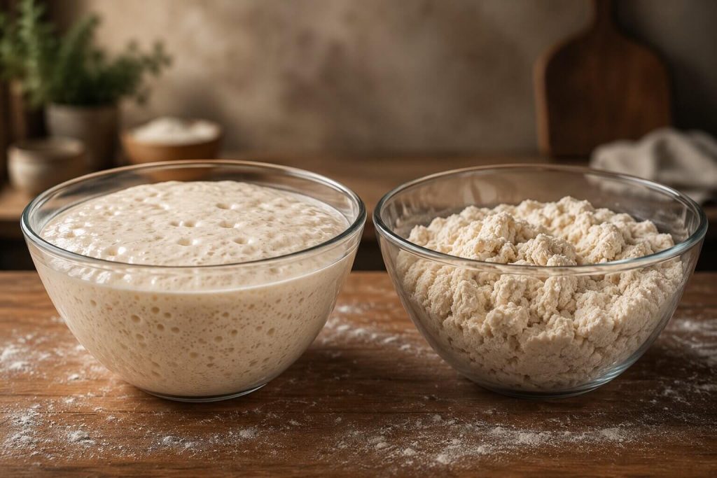 To glassboller på et trebord som viser forskjellen på to fordeiger: til venstre en flytende, boblende poolish, og til høyre en tørrere, klumpete biga.