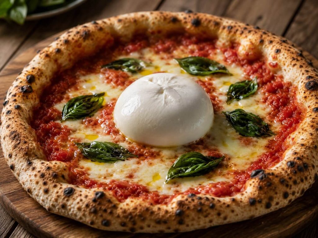 En nystekt napolitansk pizza toppet med tomatsaus, fersk basilikum og en hel, kremet hvit burrata-ost i midten, servert på et rustikt trebord.