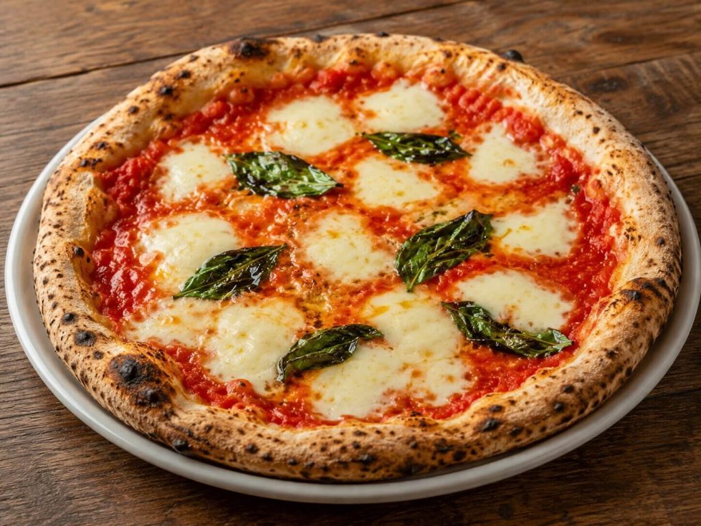 En rykende fersk napolitansk pizza margherita med tomatsaus, smeltet mozzarella og basilikum blader, servert på en hvit tallerken på et mørkt trebord.