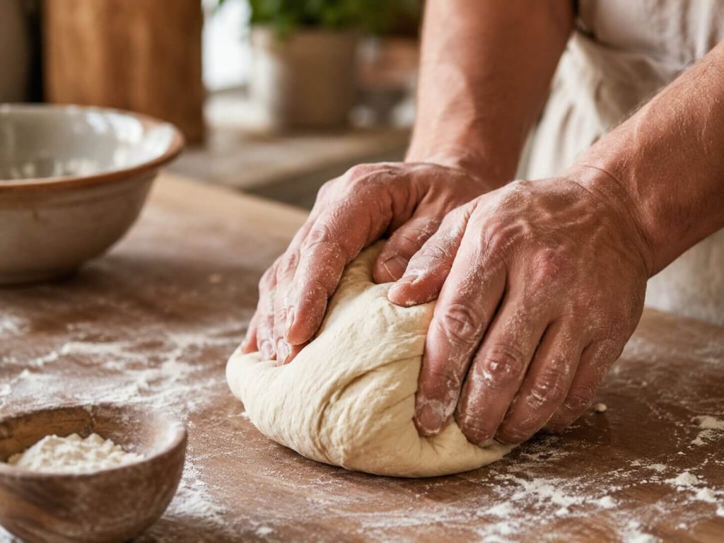 Nærbilde av to hender som elter og bretter en pizzadeig kraftig på et melet trebord i et kjøkken.