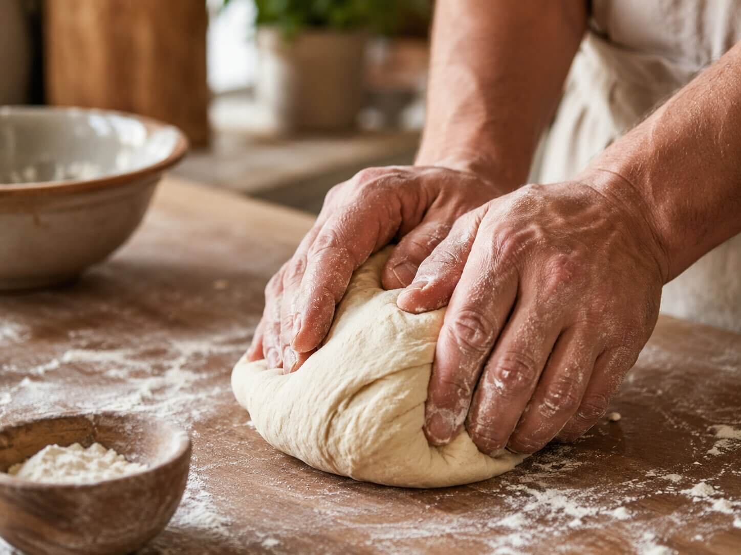 Nærbilde av to hender som elter og bretter en pizzadeig kraftig på et melet trebord i et kjøkken.