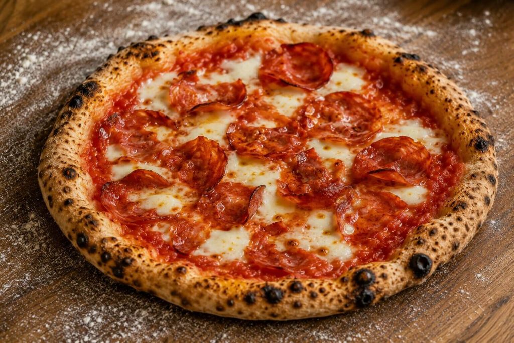 En nystekt og gyllen napolitansk pizza toppet med masse krydret pepperonipølse på et melete bakebord.