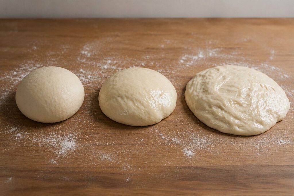 Tre pizzadeigballer på rad på et melet trebord, som viser hvordan deigen endrer form og flyter mer utover basert på økende hydrasjon (vannmengde).