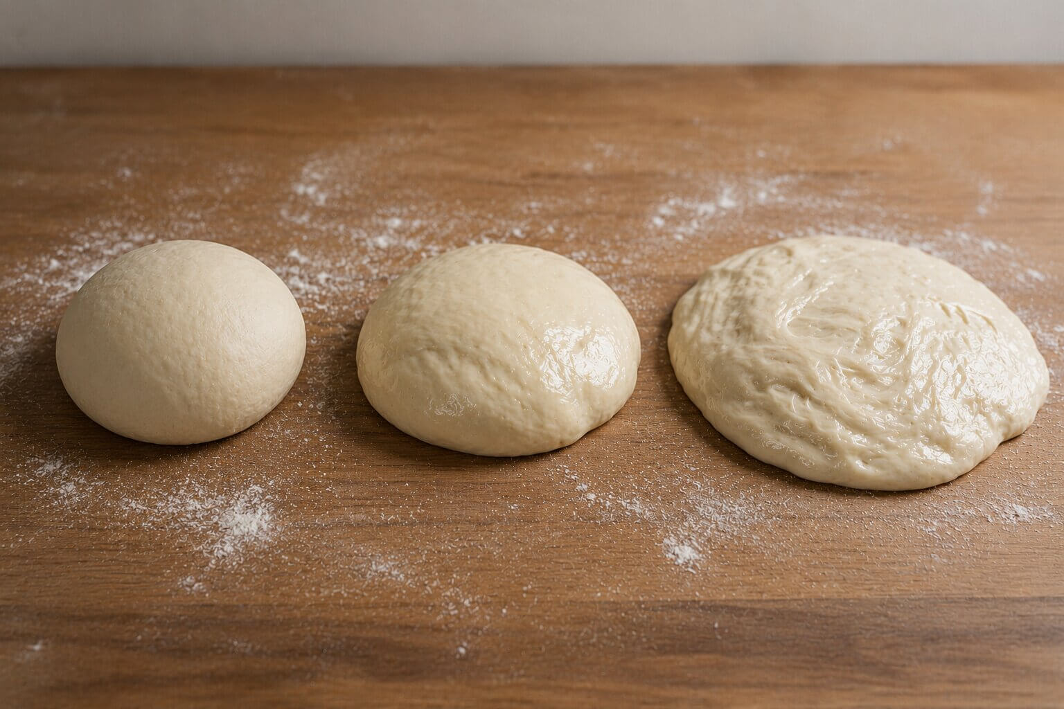 Tre pizzadeigballer på rad på et melet trebord, som viser hvordan deigen endrer form og flyter mer utover basert på økende hydrasjon (vannmengde).