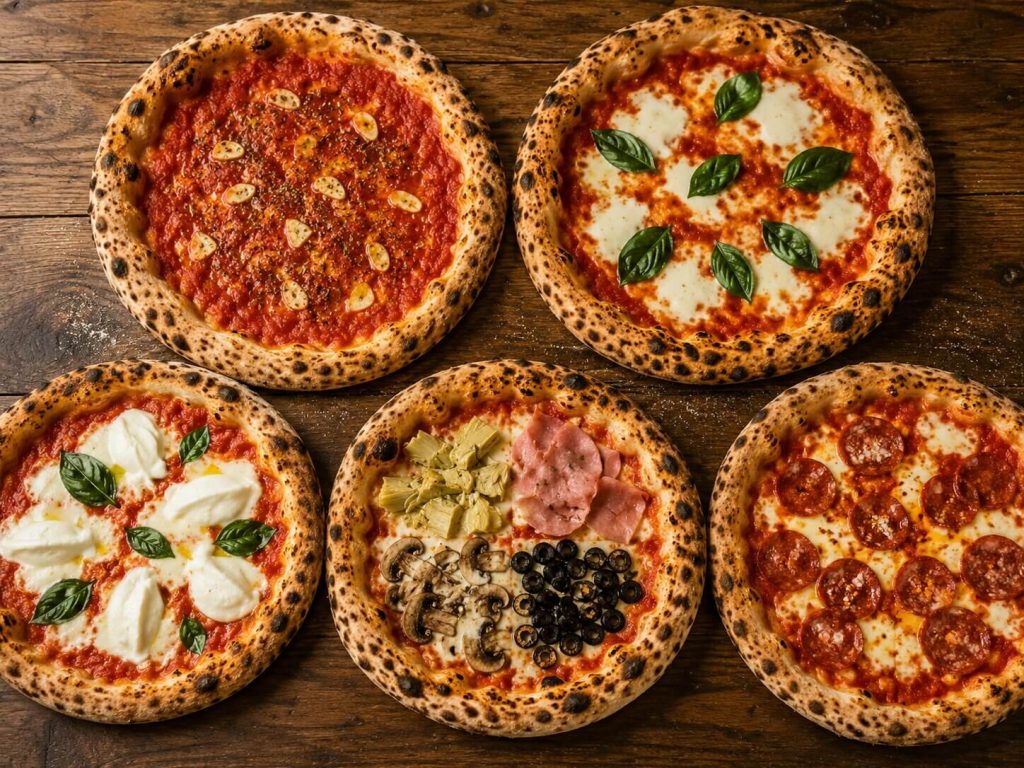 Fem forskjellige nystekte napolitanske pizzaer med ulik topping, blant annet margherita, pepperoni og hvit pizza, dandert vakkert sammen på et mørkt trebord.