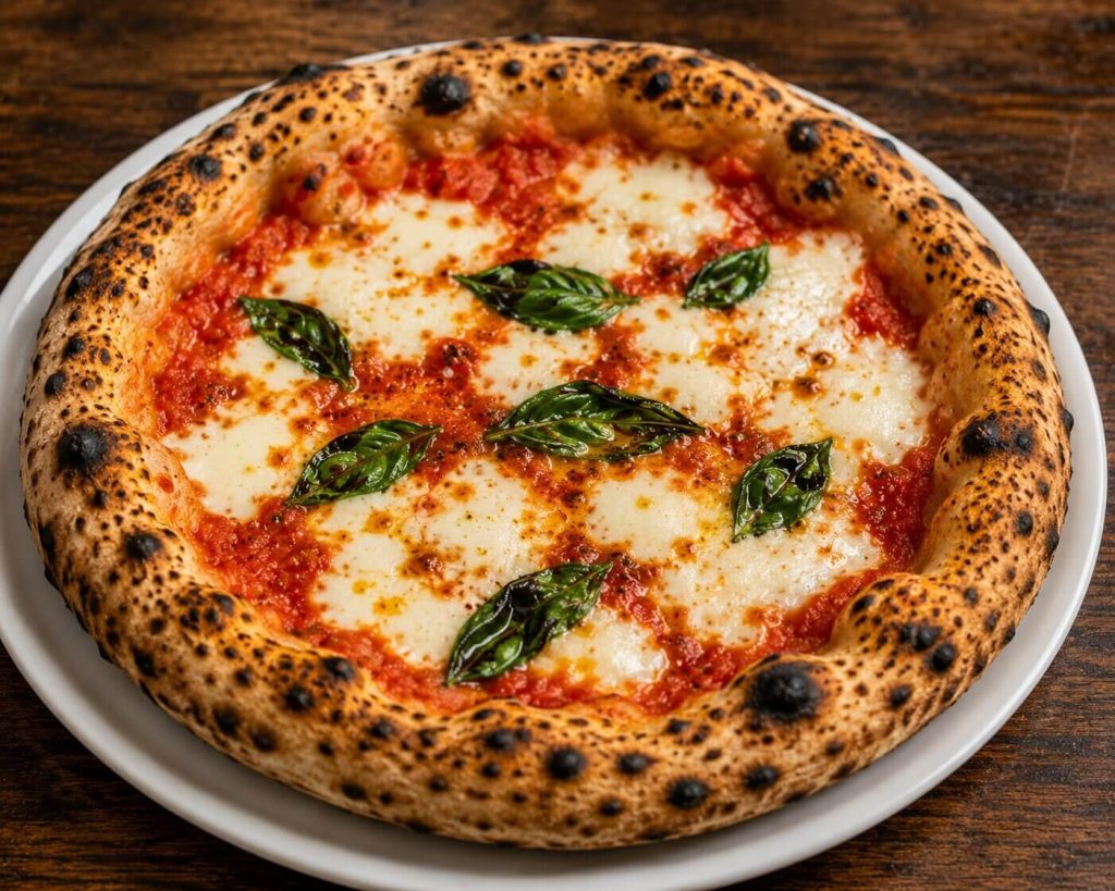 En klassisk italiensk pizza margherita med rød tomatsaus, smeltet hvit mozzarella og grønn basilikum på en hvit tallerken.