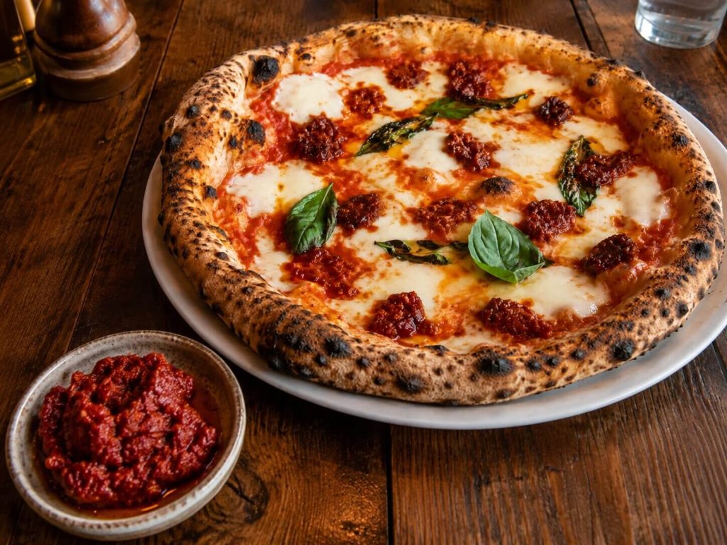 En nystekt og rykende varm napolitansk pizza toppet med smeltet ost og rød, sterk 'nduja-salami, servert på en hvit tallerken ved siden av en liten skål med ekstra 'nduja.