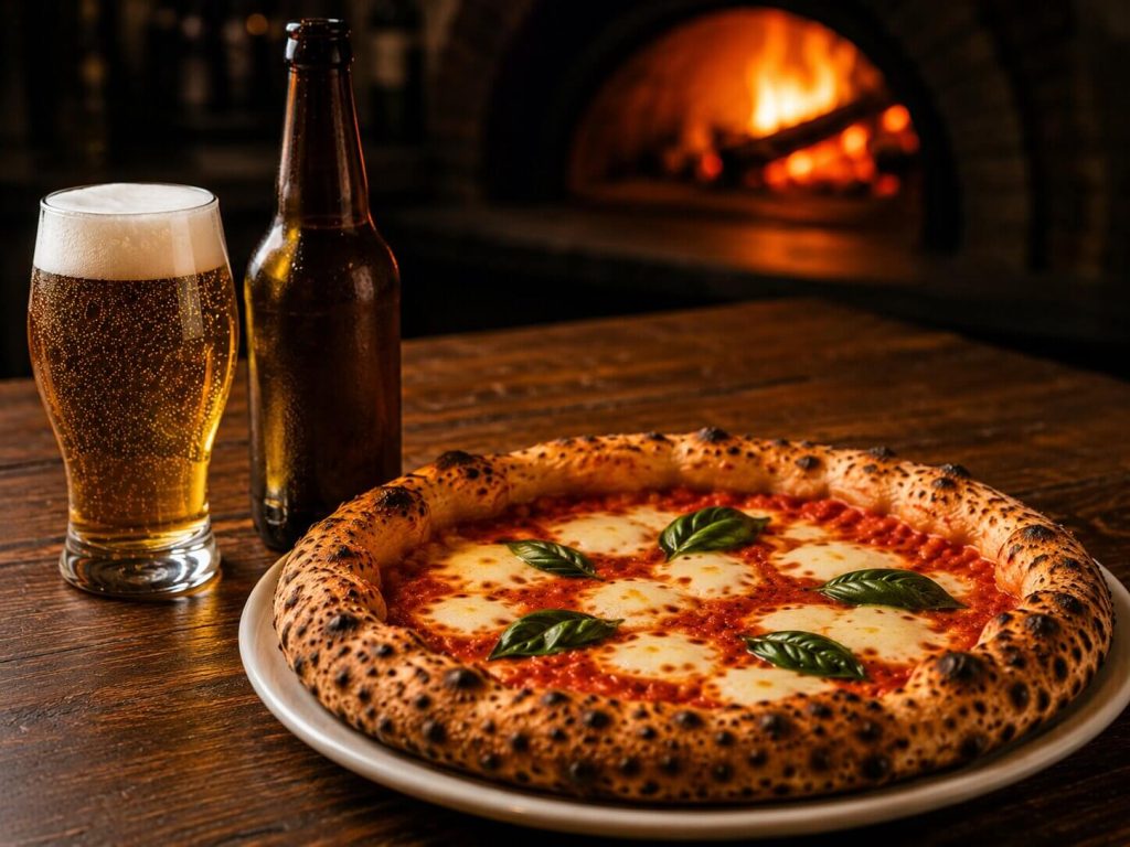 En nystekt pizza margherita på et mørkt trebord foran en tent pizzaovn, servert med en kald flaskeøl og et glass skummende pilsner.