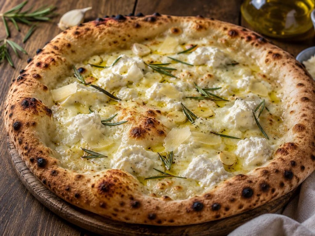 En nystekt hvit pizza (pizza bianca) toppet med tynne potetskiver, smeltet ost og ferske rosmarinkvister, servert på et lyst bakebord.