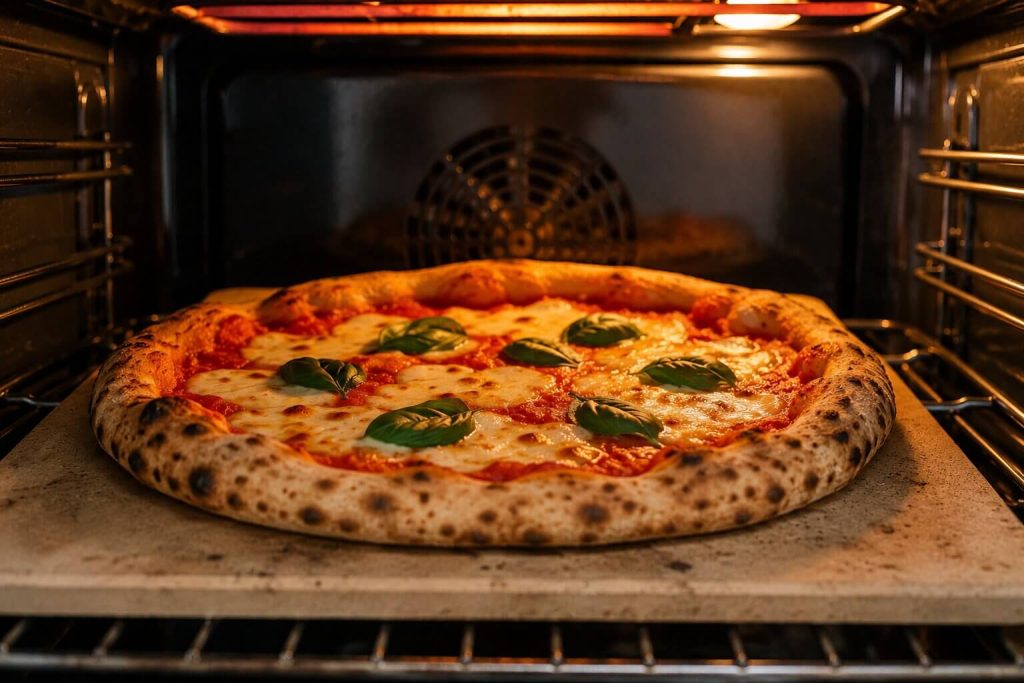 En fersk pizza med smeltet mozzarella og basilikum som stekes på en firkantet pizzastein inne i en vanlig, opplyst stekeovn hjemme.