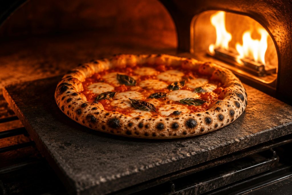 En rykende fersk napolitansk pizza med mozzarella og basilikum som stekes på en bakestein inne i en vedfyrt pizzaovn med levende flammer i bakgrunnen.