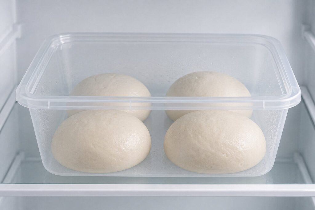 Fire kompakte pizzadeigballer i en plastboks med lokk som står plassert inne i et kaldt kjøleskap, brukt for å illustre deig som ikke hever.