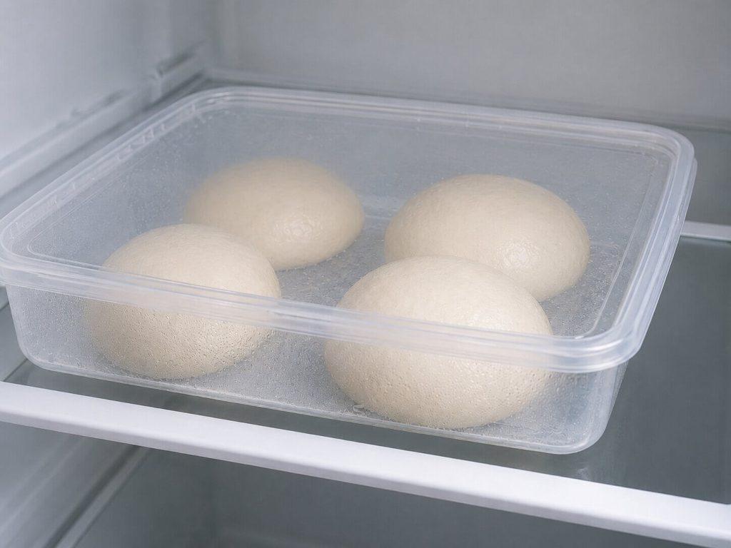 Fire glatte pizzadeigballer plassert i en gjennomsiktig plastboks med lokk, som står til kaldheving inne på en hylle i kjøleskapet.