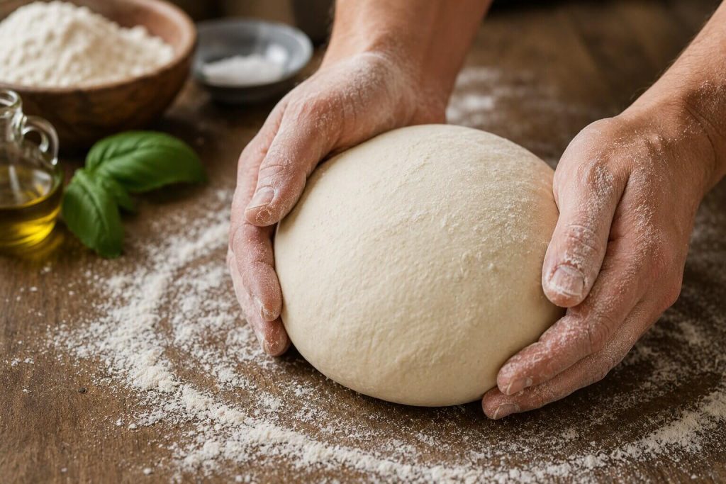 To hender som former en glatt og smidig pizzadeig til en rund ball på et trebord dekket med mel.