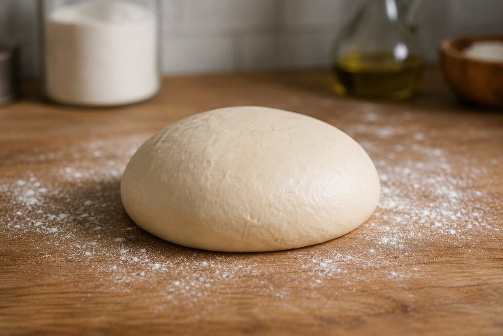 En rund, glatt og spent pizzadeigball som ligger på et melet trebord, klar til å testes for elastisitet.
