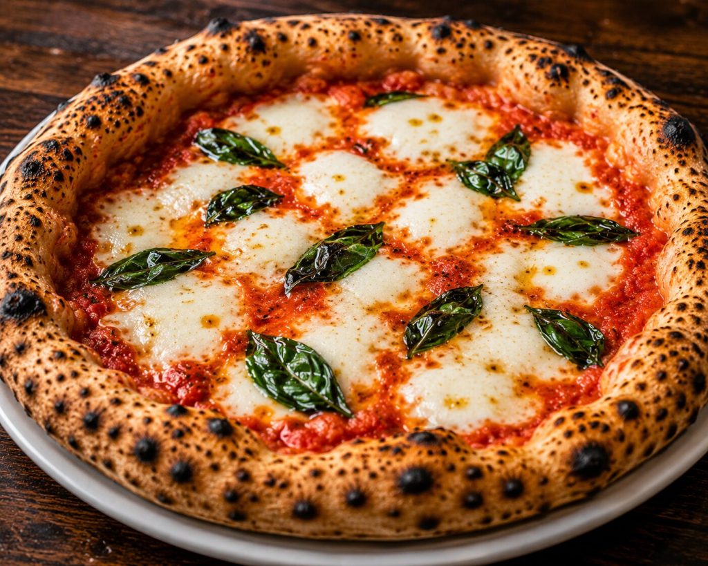 En perfekt stekt napolitansk pizza margherita med vakkert leopardmønstret skorpe, smeltet mozzarella og ferske basilikumblader, servert på en hvit tallerken.