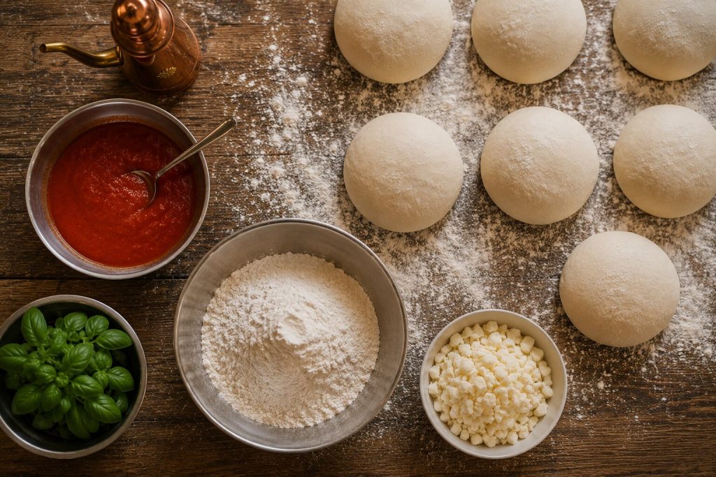 Pizzabaking ovenfra: Seks ferdig hevede deigballer på et melete bakested ved siden av skåler med tomatsaus, revet ost og fersk basilikum.