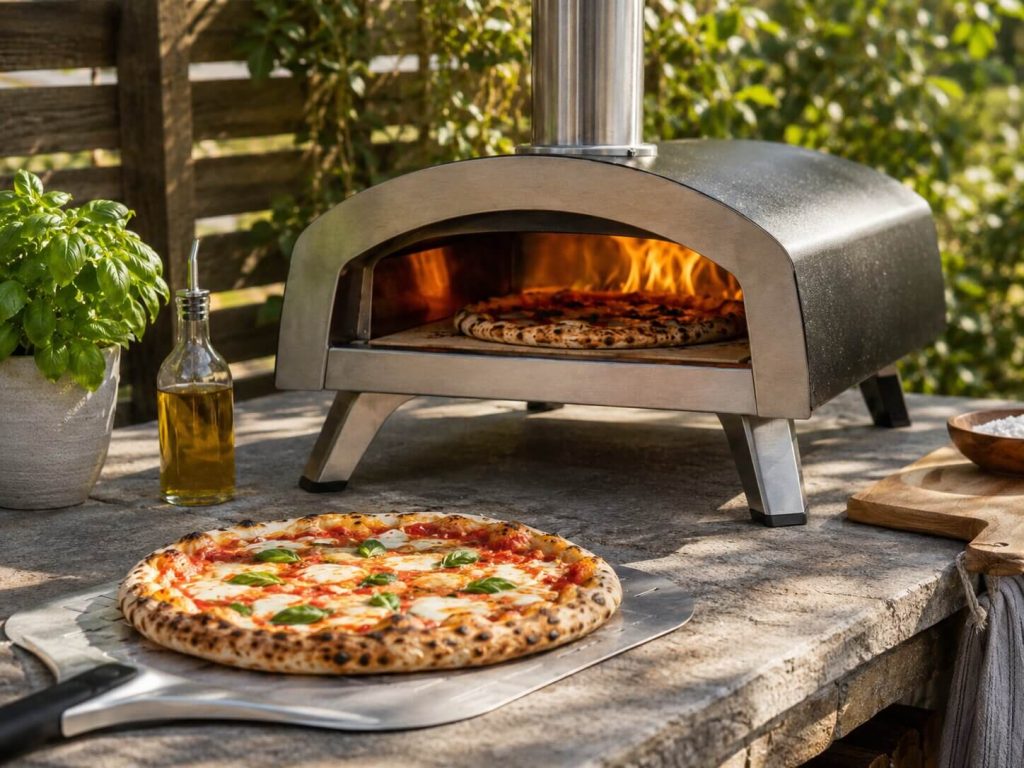 En bærbar pizzaovn i stål med levende flammer på et solid trebord utendørs, med en ferdigstekt napolitansk pizza på en pizzaspade i forgrunnen.