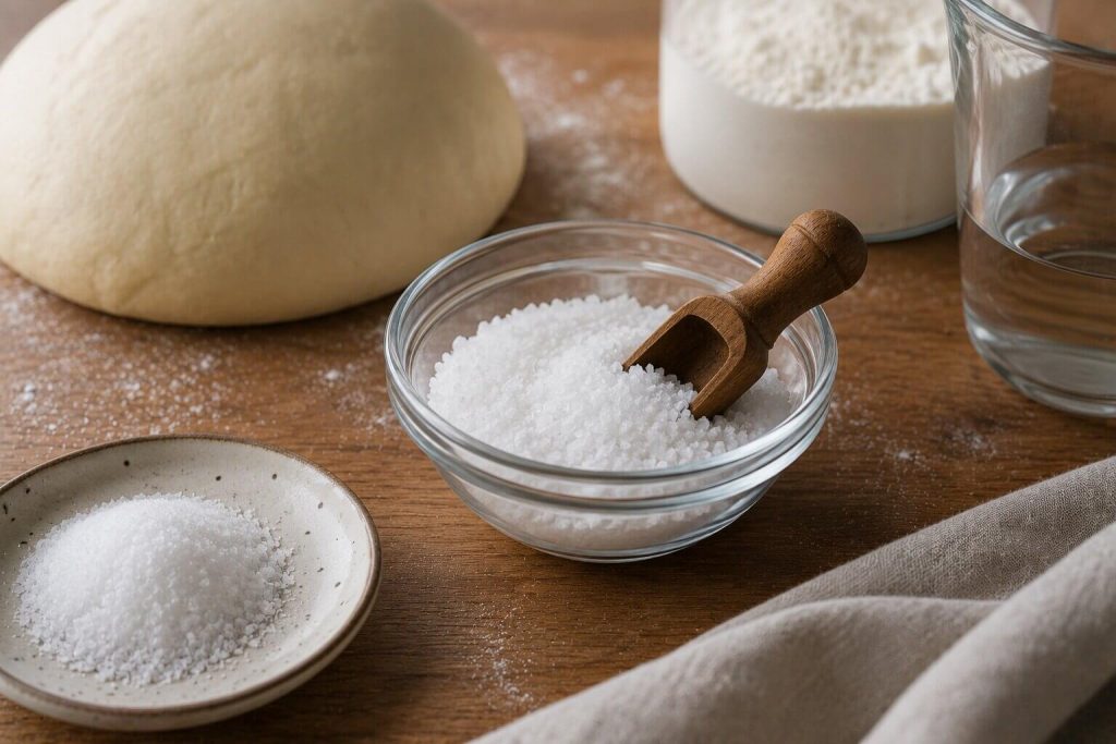En glassbolle med fint havsalt og en liten treskje på et trebord, med en glatt pizzadeigball og ingredienser som mel og vann stående i bakgrunnen.