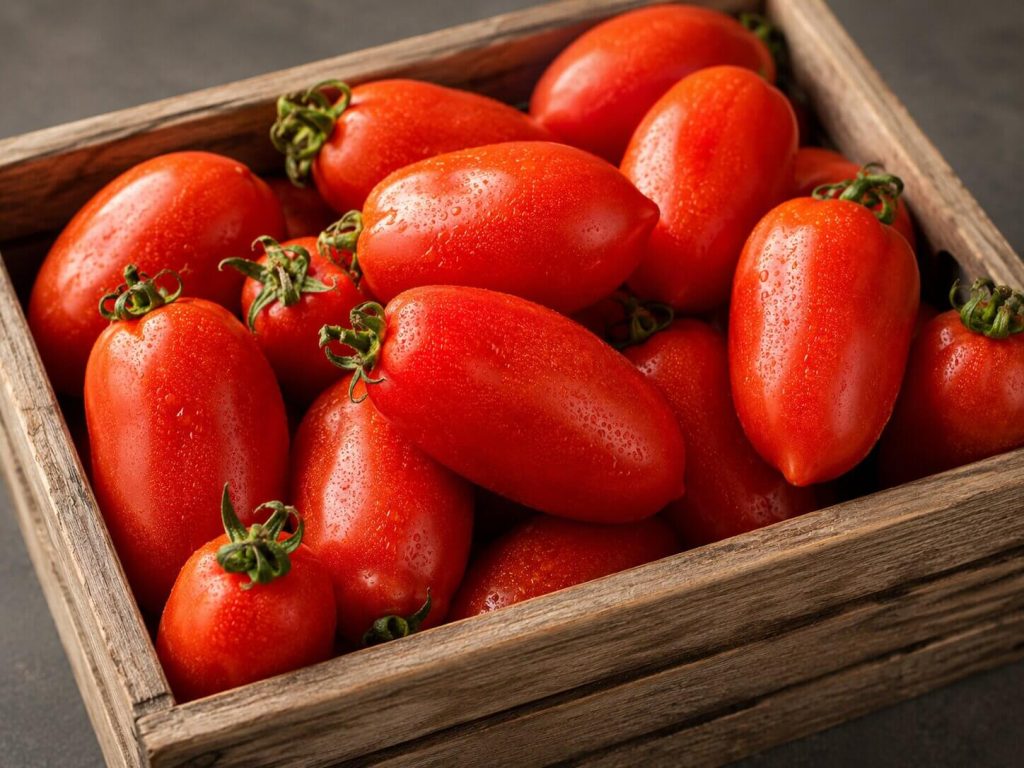En rustikk trekasse fylt til randen med avlange, dype røde og modne San Marzano-tomater på et mørkt trebord.