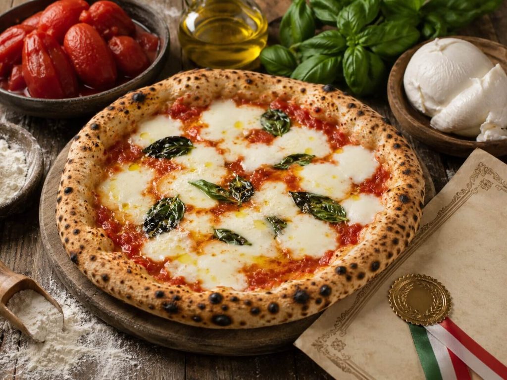 En tradisjonell, sertifisert stg napolitansk pizza margherita med San Marzano-tomater, fersk mozzarella, basilikum og olivenolje, servert på et rustikt trebord med ingrediensene i bakgrunnen.