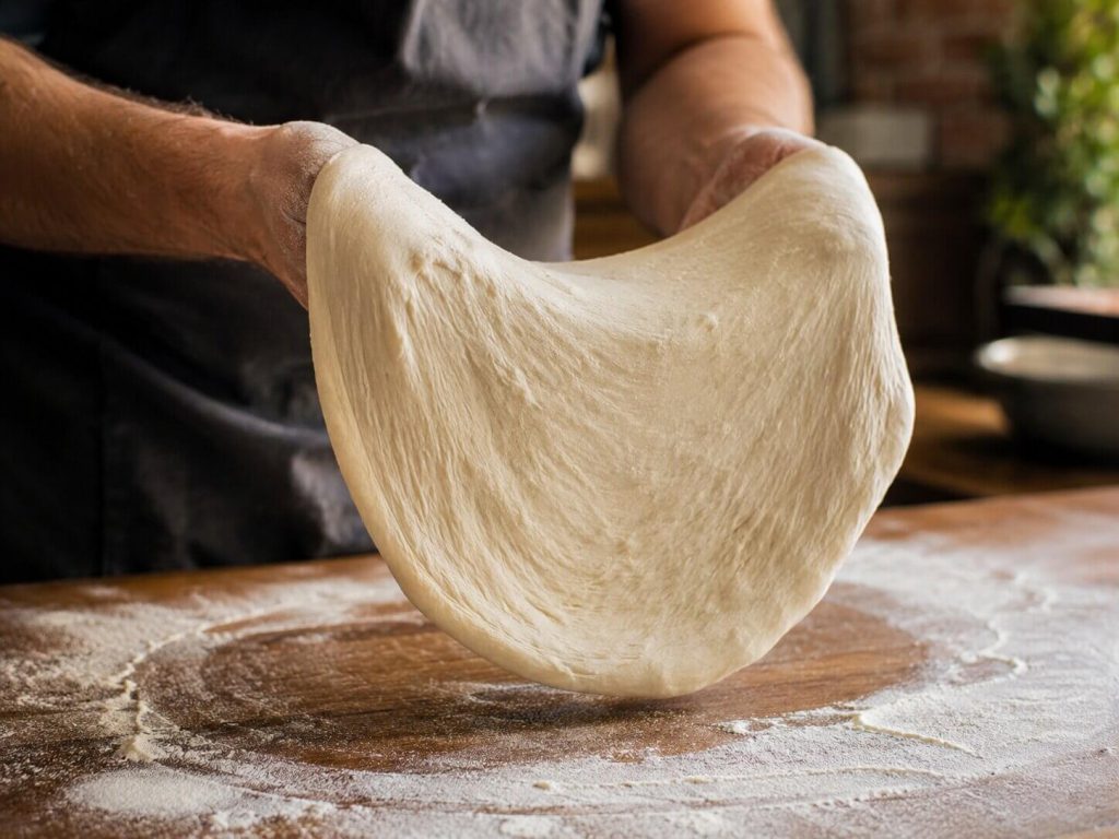 En person som løfter og strekker en tynn, elastisk pizzadeig med hendene over et melet bakebord for å forme den uten kjevle.