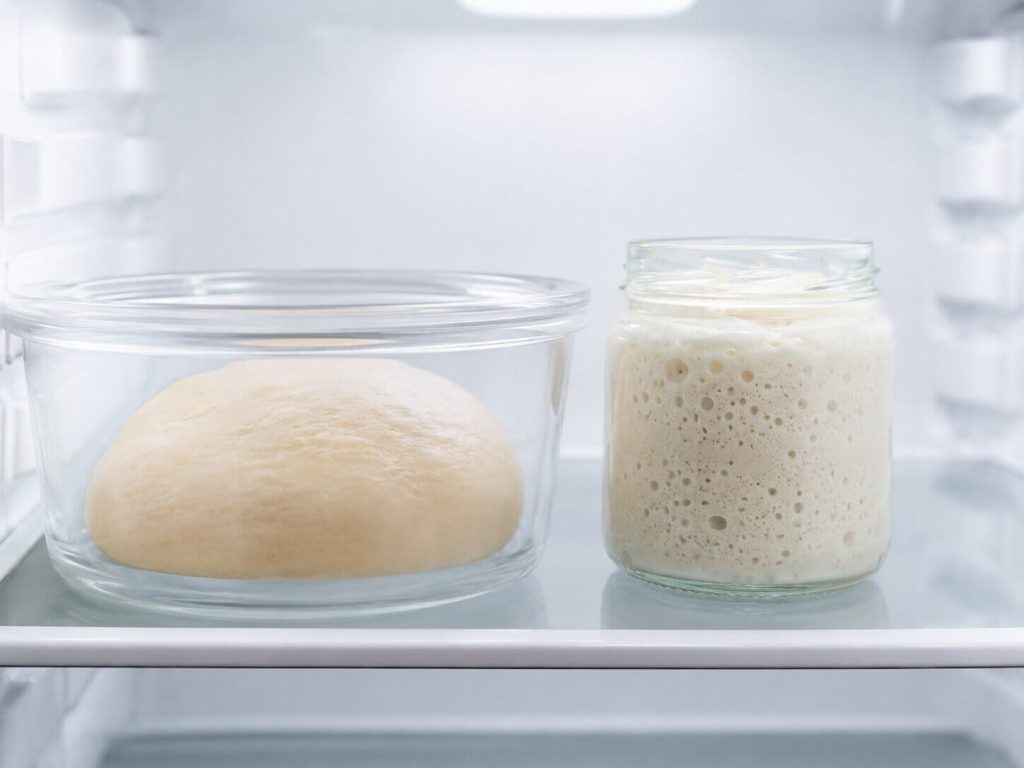En glassbolle med en glatt pizzadeig og et glass med en aktiv, boblende surdeigsstarter stående ved siden av hverandre på en hylle i et lyst kjøleskap.