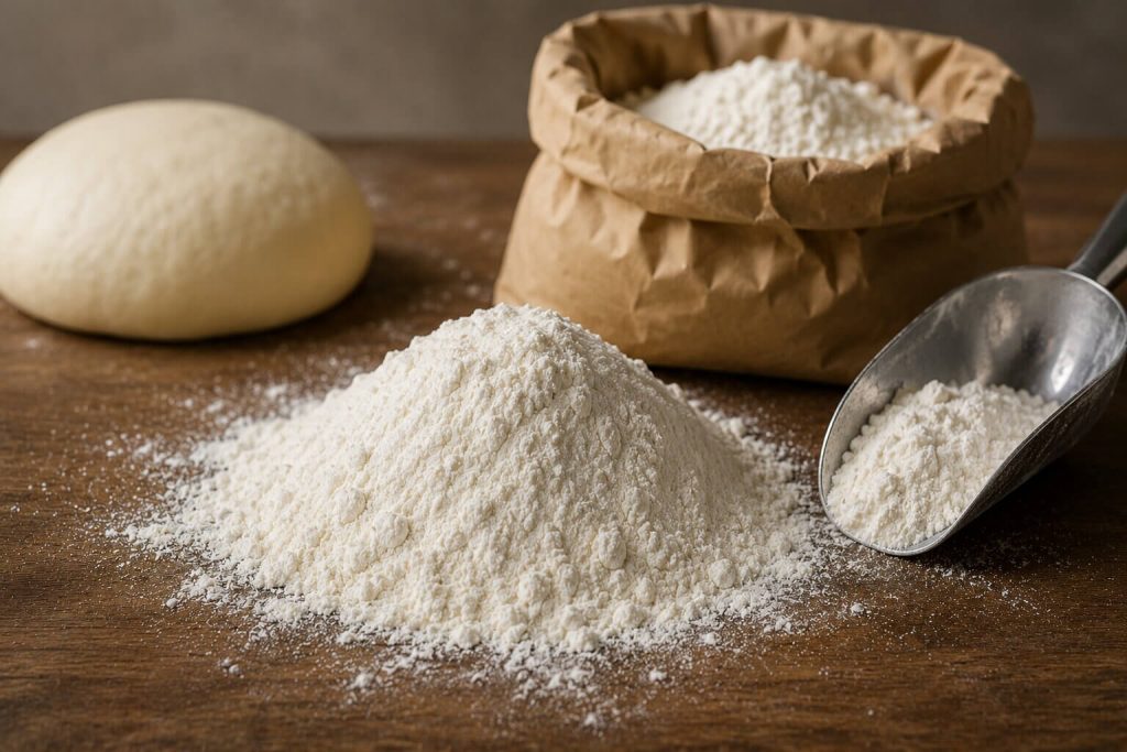 En haug med finmalt Tipo 00-mel og en melskovl foran en papirsekk med mel, med en glatt og ferdighevet pizzadeigball i bakgrunnen.