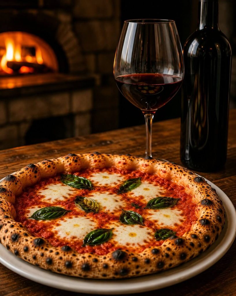 En perfekt stekt napolitansk pizza margherita servert på et rustikt trebord ved siden av et elegant stettglass med rødvin og en vinflaske.