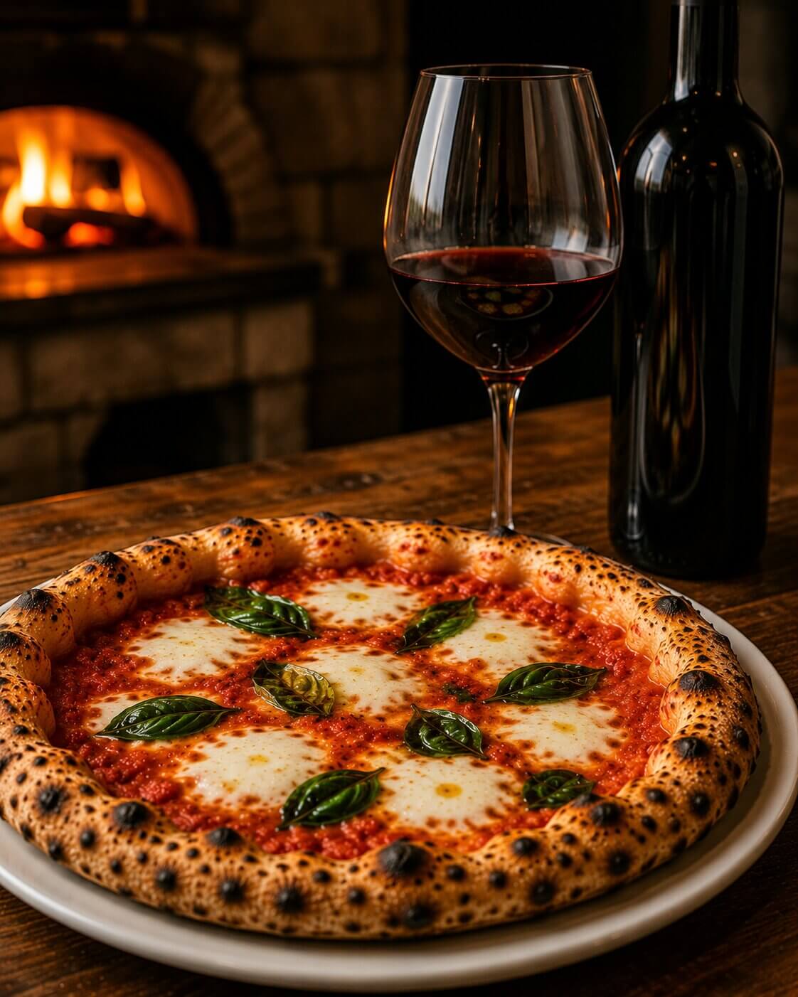 En perfekt stekt napolitansk pizza margherita servert på et rustikt trebord ved siden av et elegant stettglass med rødvin og en vinflaske.