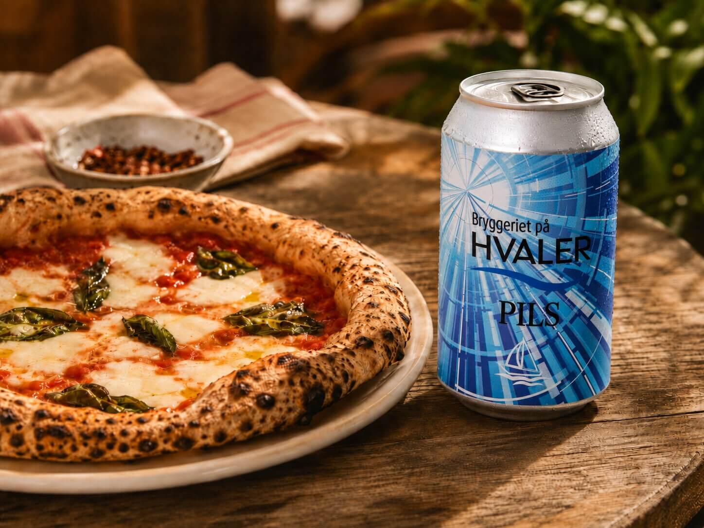 Hvaler Pils på boks ved siden av napolitansk pizza med mozzarella, tomatsaus og basilikum.