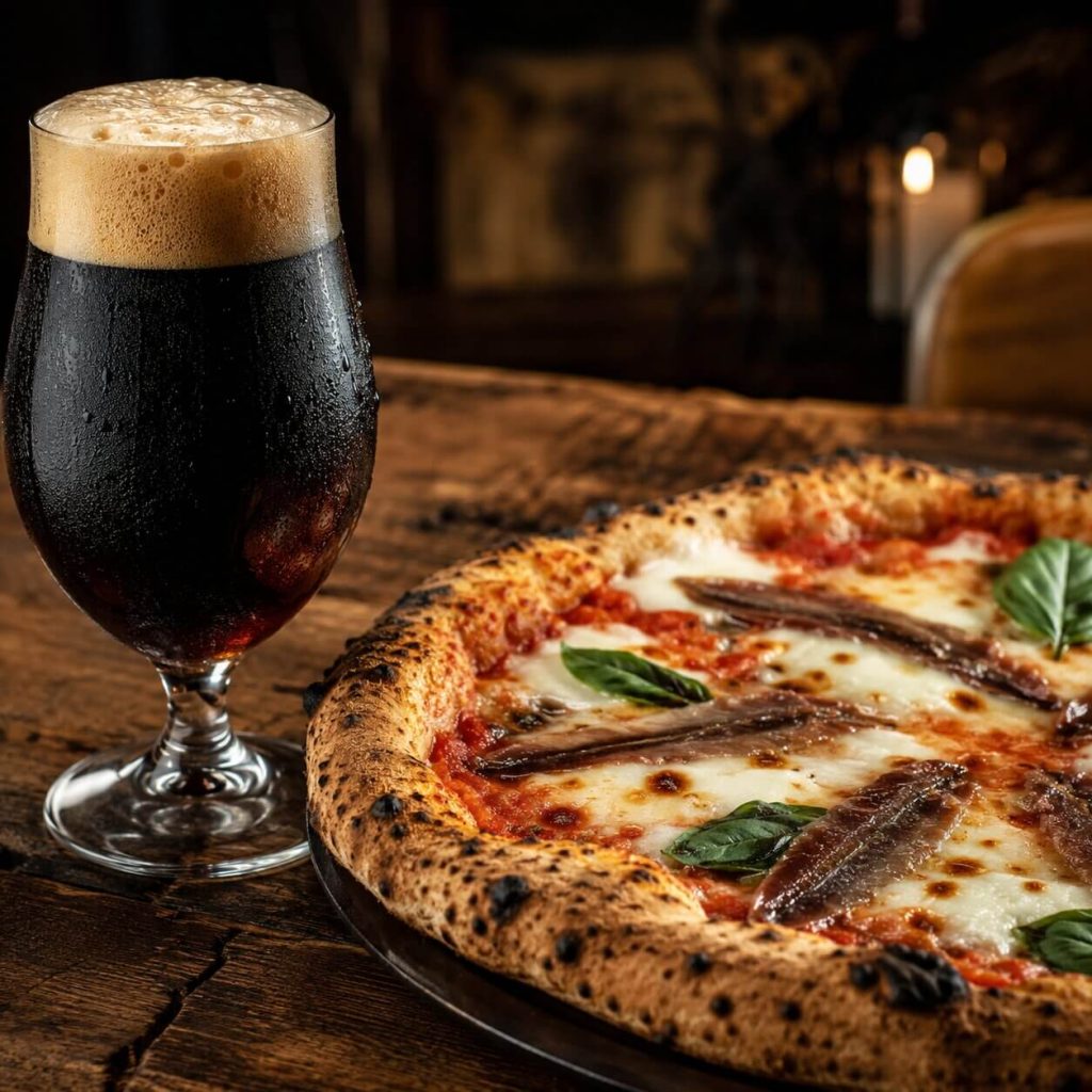 Glass med mørk stout ved siden av napolitansk pizza med ansjos, mozzarella, tomatsaus og basilikum på et rustikt trebord.