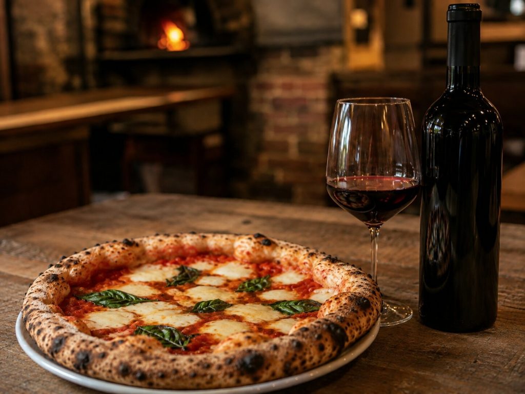 Napolitansk pizza med tomatsaus, mozzarella og basilikum servert med et glass Aglianico.