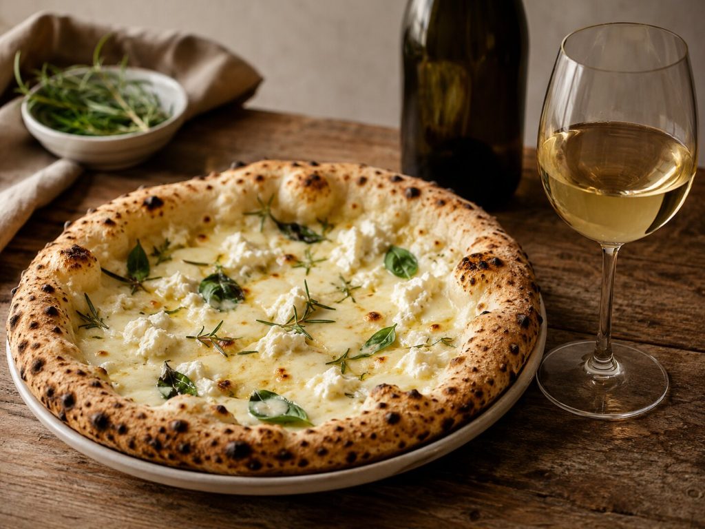 Pizza bianca med mozzarella, ricotta og urter servert med et glass Albariño.