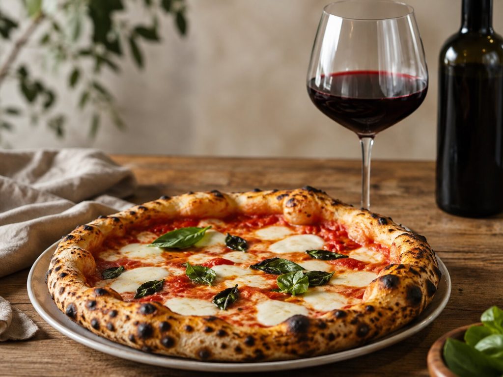 Napolitansk pizza med tomatsaus, mozzarella og basilikum servert med et glass Barbera d'Asti.