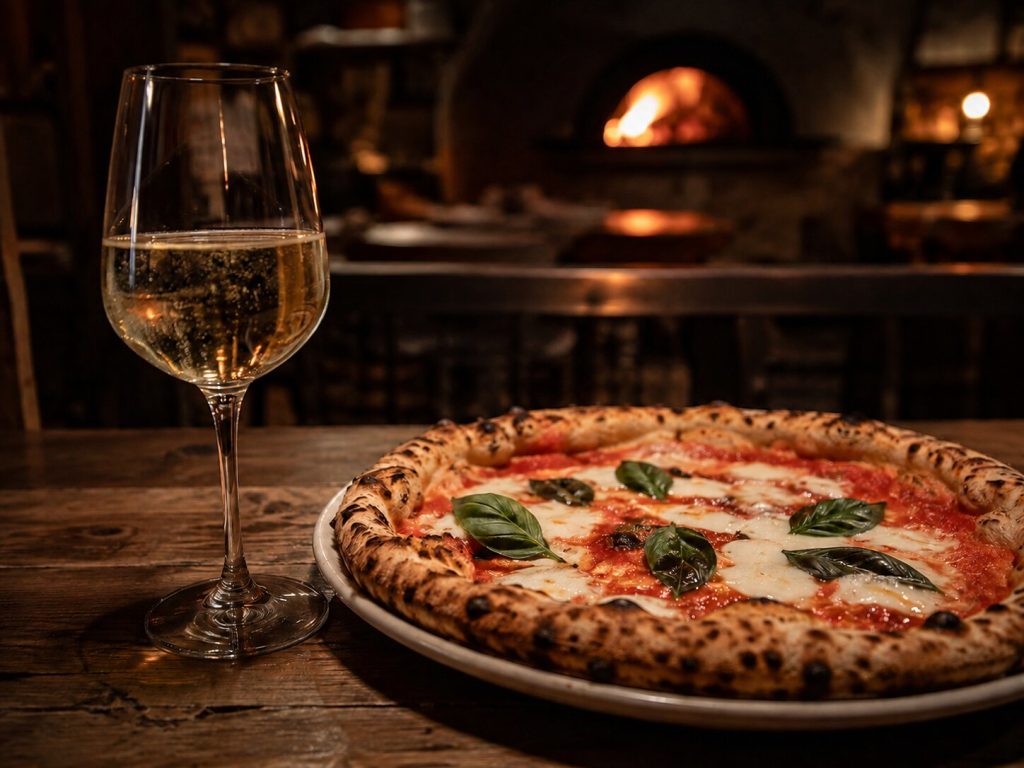 Et moody bilde av et glass musserende vin ved siden av en napolitansk pizza.