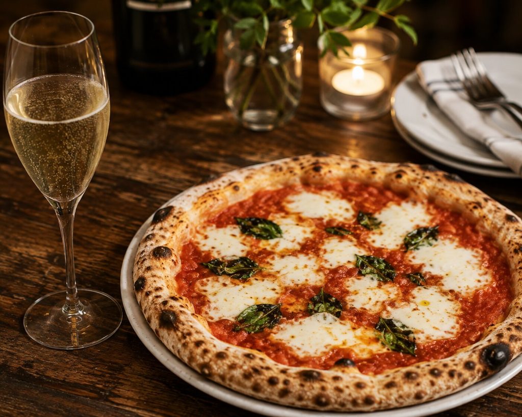 Champagne servert med en klassisk napolitansk pizza med tomatsaus, mozzarella og basilikum.