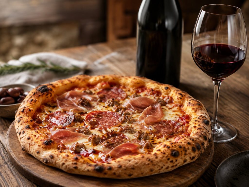 Pizza med salami, prosciutto og pølse servert med et glass Chianti Classico.
