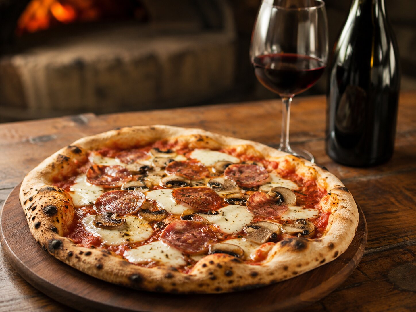 Pizza med salami, sopp og mozzarella servert med et glass Côtes du Rhône.
