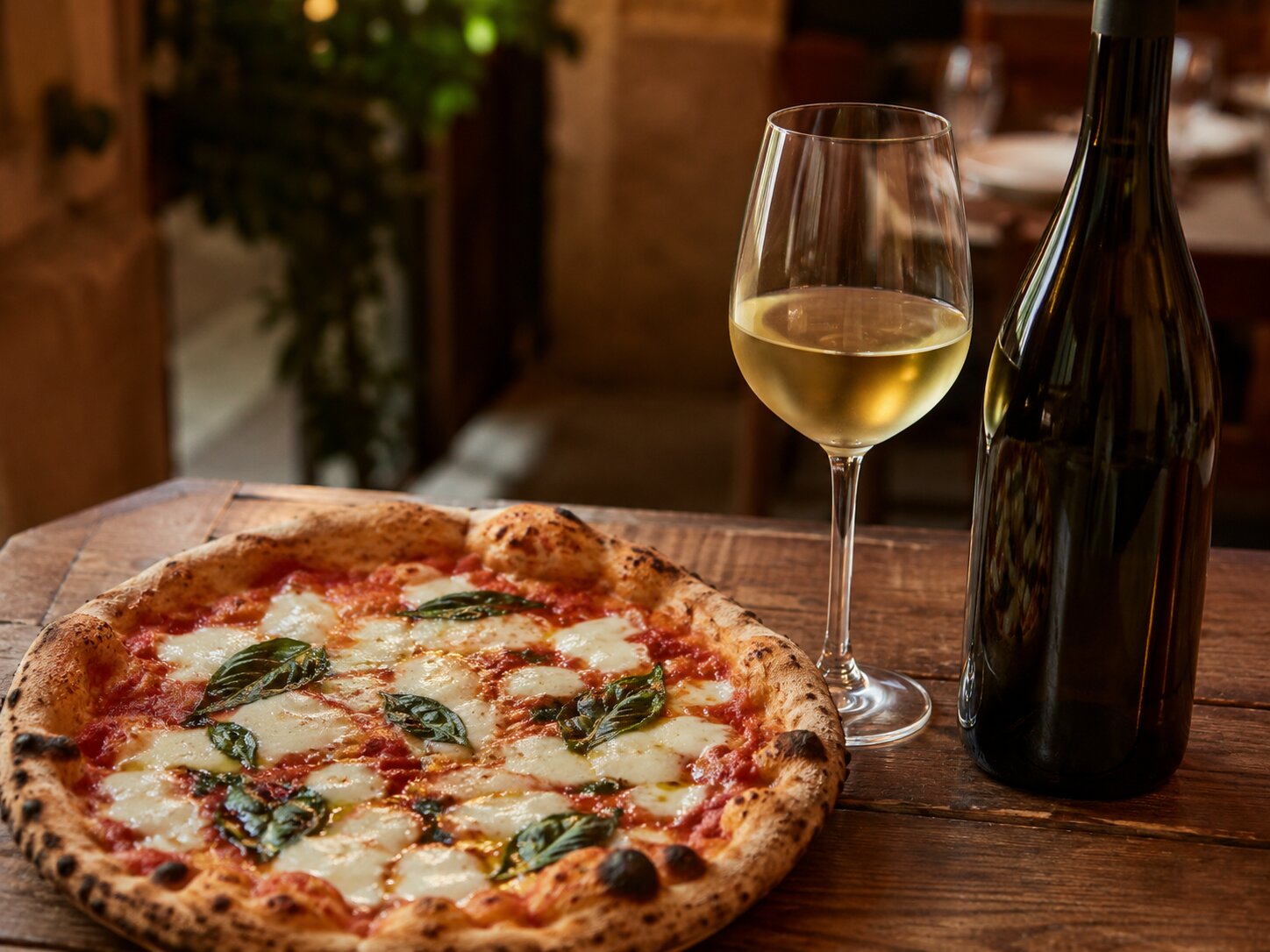 Napolitansk pizza med tomatsaus, mozzarella og basilikum servert med et glass Falanghina.