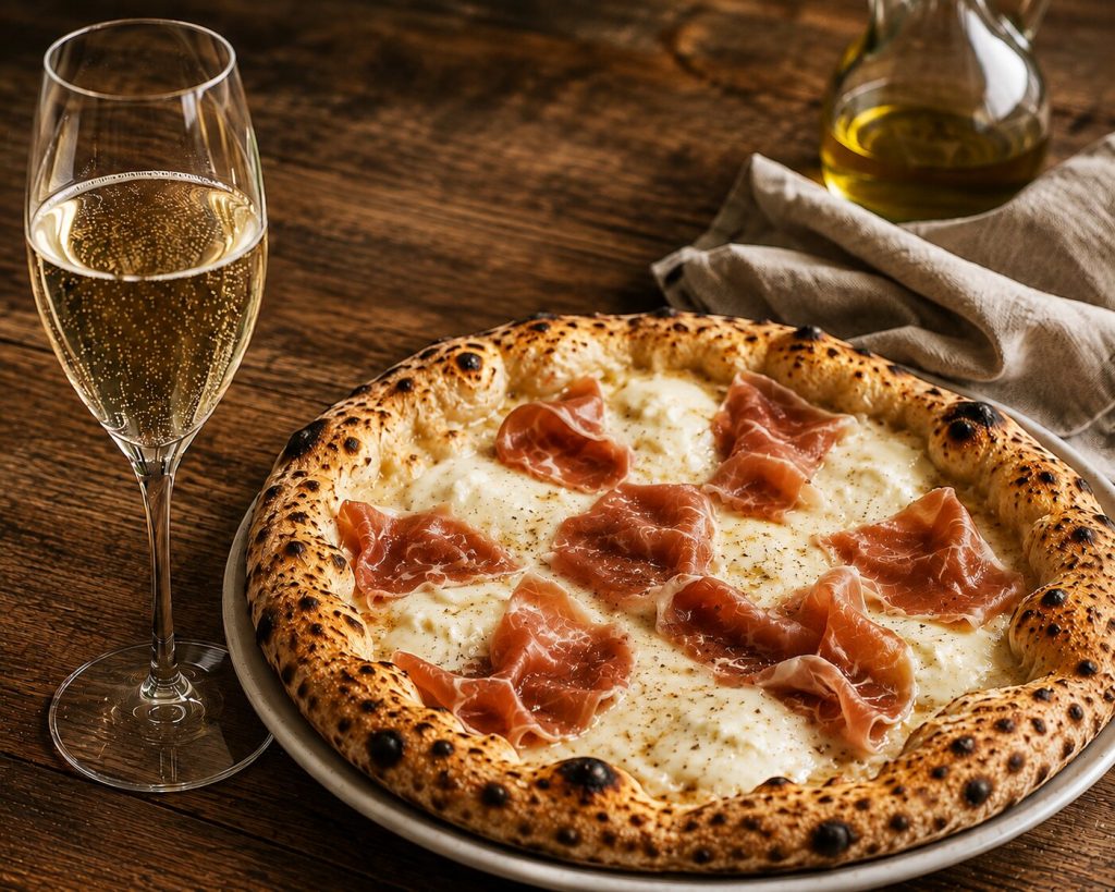 Pizza med prosciutto og kremet ost servert med et glass Franciacorta.