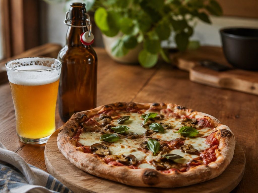 Hjemmebrygget øl og hjemmelaget pizza på et rustikt trebord