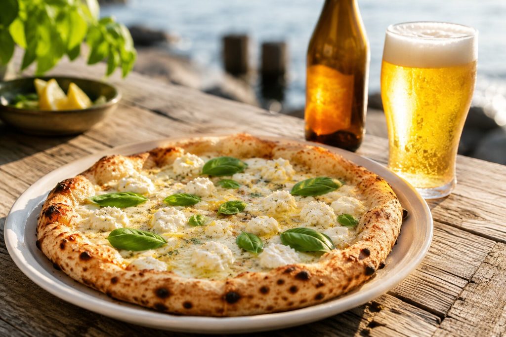 Hvaler Sommerøl med pizza bianca med ricotta og basilikum