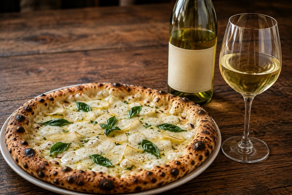 Hvitvin servert sammen med en napolitansk pizza med mozzarella, sopp og urter.