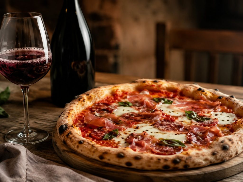 Pizza med salami, skinke og mozzarella servert med et glass Lambrusco.