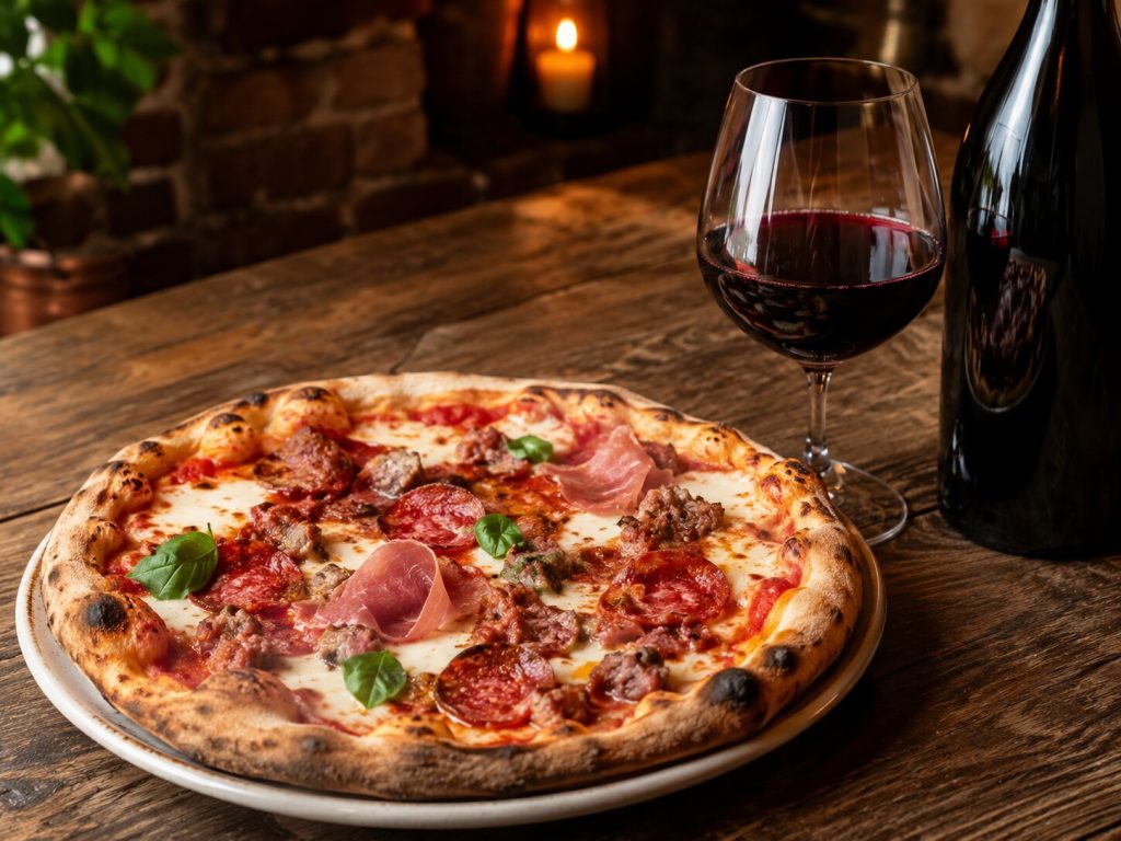 Pizza med salami, prosciutto, kjøtt og mozzarella servert med et glass Montepulciano d'Abruzzo.
