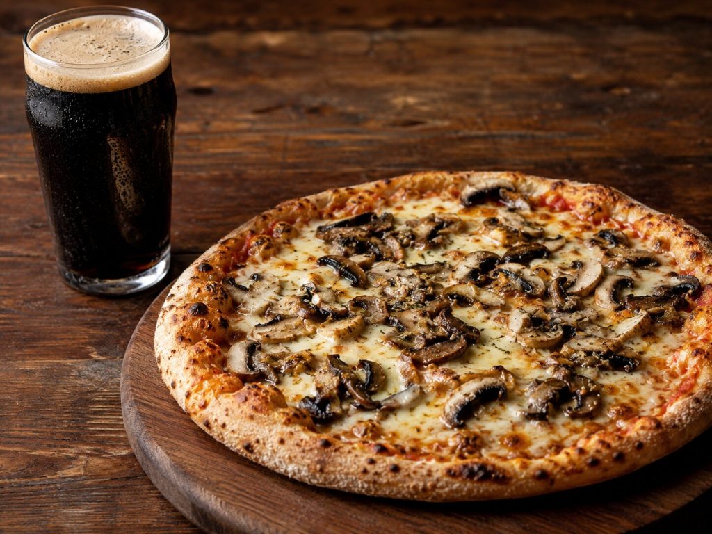 Mørk lager og pizza med sopp på et rustikt trebord