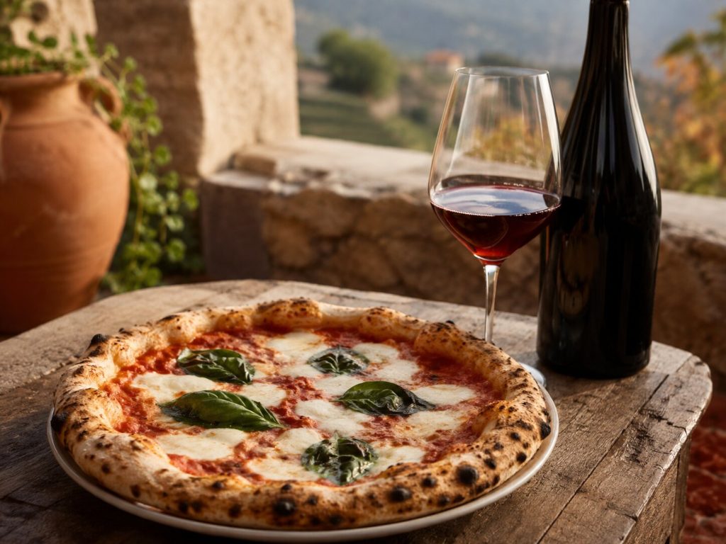 Margherita med tomatsaus, mozzarella og basilikum servert med et glass Nerello Mascalese fra Etna.